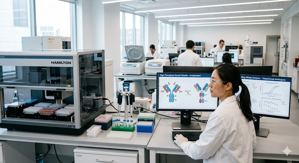 Scientist utilizing an AI drug discovery platform for ADC and bispecific antibody research in a modern biotech laboratory.