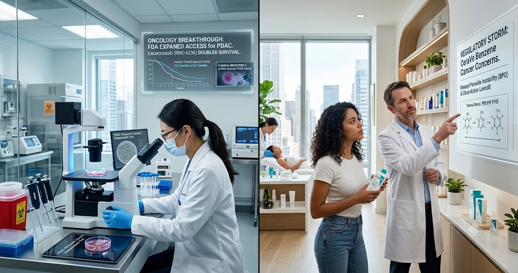 Dermatologist explaining CeraVe benzene acne cream lawsuit risks alongside a laboratory researcher analyzing FDA pancreatic cancer drug updates.