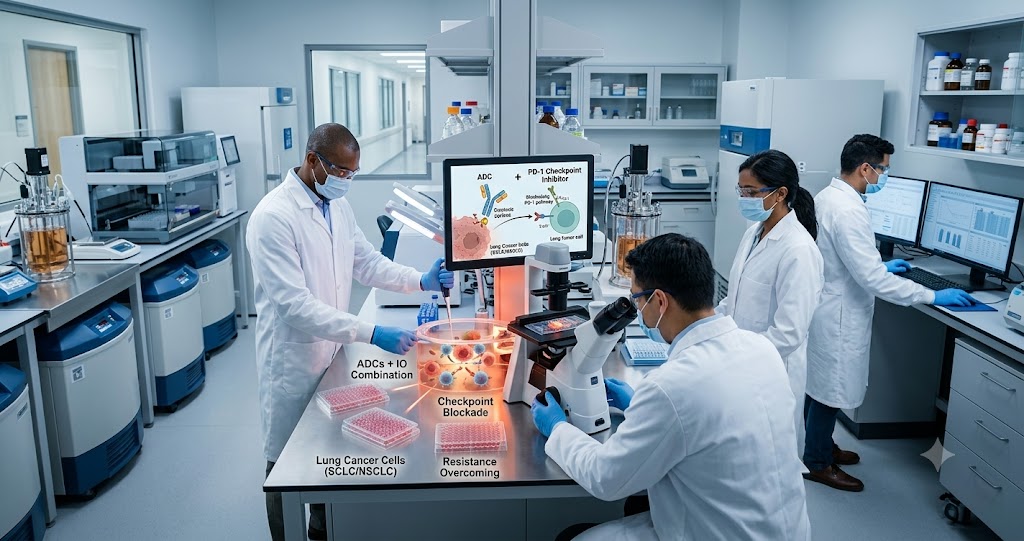 Research scientists analyzing advanced lung cancer immunotherapy combinations marrying ADCs and PD-1 checkpoint inhibitors to overcome resistance in SCLC and NSCLC tumors.