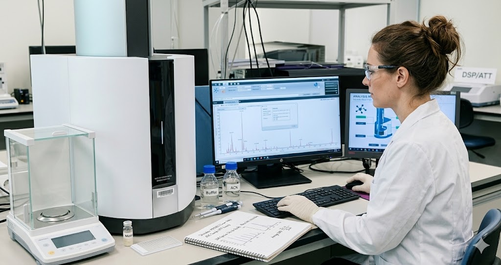 An American female researcher evaluating mass spectrometer raw data for automated dar verification in a bioprocess downstream laboratory.