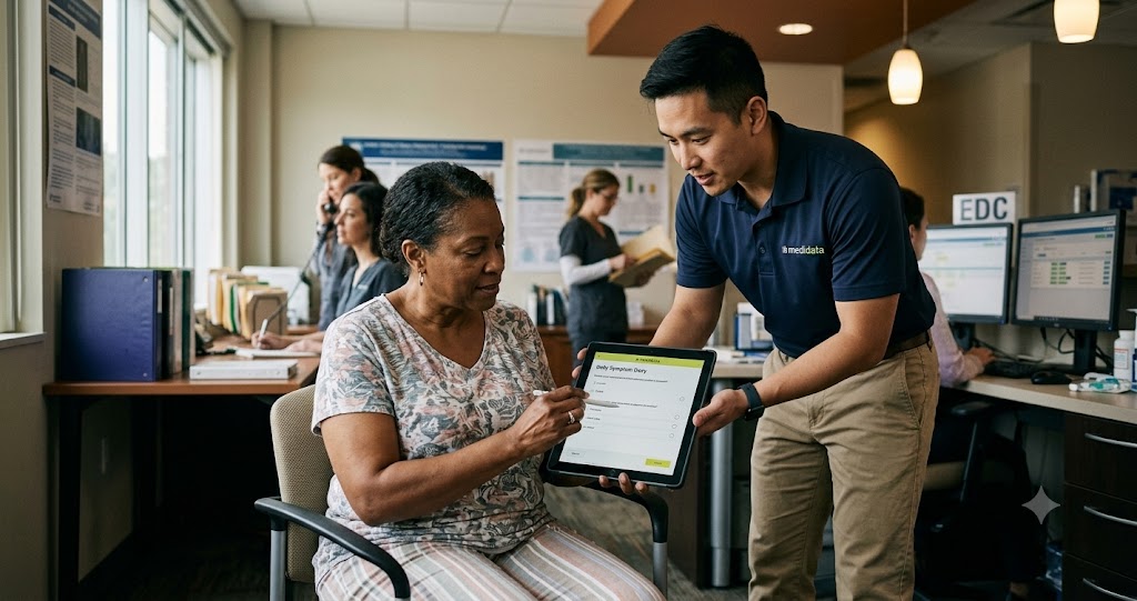 Medidata eCOA Clinical Trials with patient using eDiary tablet