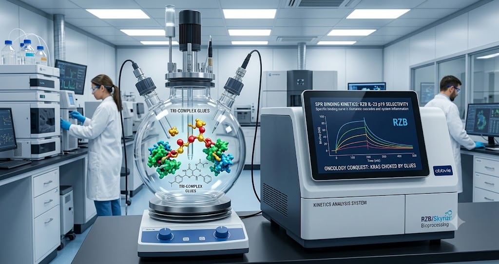Tri-Complex Glues reaction vessel and RZB kinetics analytical instrument workflow in a bioprocessing laboratory.
