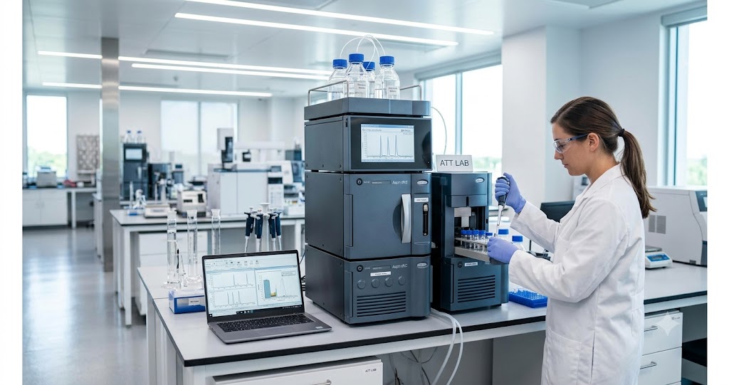 UPLC vs HPLC system validation by a researcher in a biopharmaceutical ATT laboratory