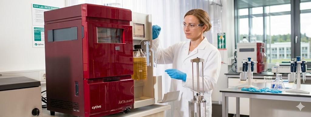 A female scientist in a white lab coat operating a Cytiva AKTA Avant 25 chromatography system for protein purification in a CDMO bioprocess facility.