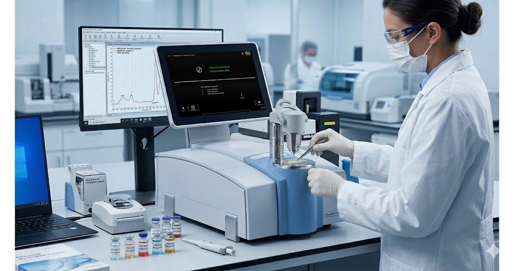 Bruker ALPHA II Bruker ATR FTIR spectrometer testing in CDMO biopharmaceutical laboratory