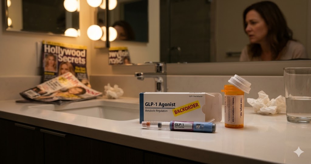 A woman experiencing severe glp 1 side effects looking in a bathroom mirror next to a GLP-1 pen.
