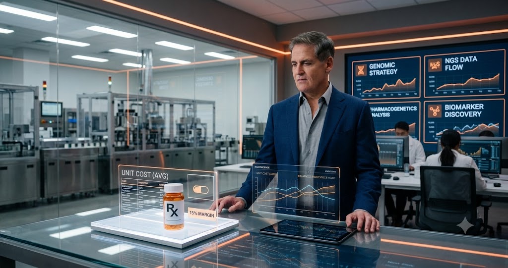 Mark Cuban standing in a cutting-edge pharmaceutical manufacturing laboratory with digital screens showing bioinformatics data and a Cost Plus Drugs prescription bottle priced at 34 dollars.