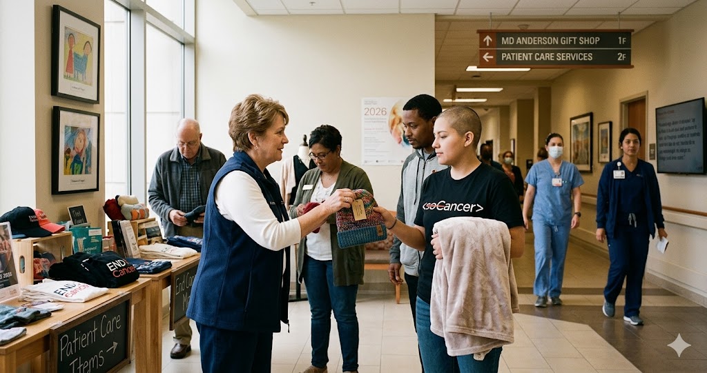 Patients and families buying supportive oncology merchandise inside the official md anderson gift shop hall.