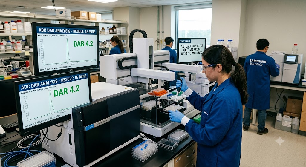 Technicians monitoring pharmaceutical process data on multiple screens, representing automated quality control in biopharma manufacturing