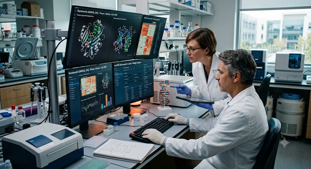 Two researchers analyzing AI drug discovery data across multiple monitors