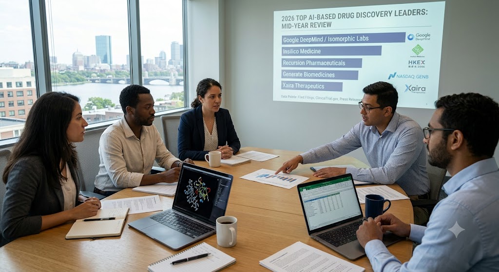 Illustration representing AI drug discovery companies analyzing molecular data for pharmaceutical research