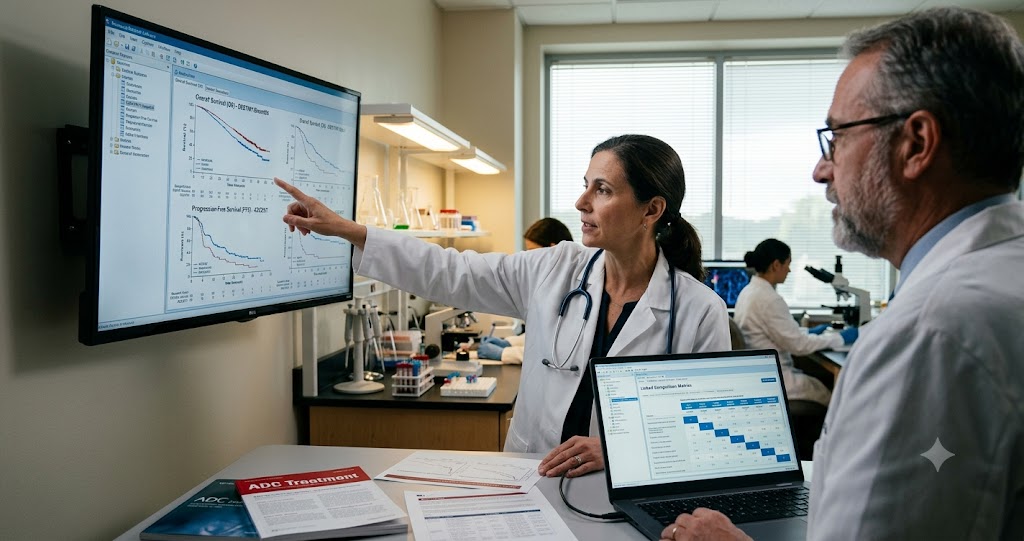 Oncologists and medical researchers analyzing advanced breast cancer clinical trial data on large monitors and laptops, showing Overall Survival (OS) and Progression-Free Survival (PFS) survival curves from the DESTINY-Breast04 and ASCENT trials evaluating ADC treatments.