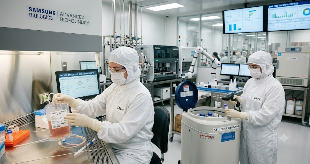 Technicians in cleanroom PPE performing GMP manufacturing of a cell and gene therapy product