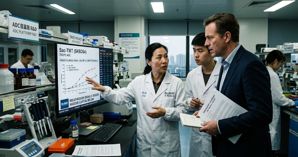 Advanced Suzhou BioBAY global biotechnical architectures and ADC development laboratory showing a Western pharma executive and Chinese researchers discussing breakthrough clinical signals.
