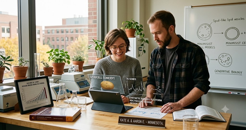 University of Minnesota researchers studying SpudCell, a pioneering synthetic biology platform for programmable cell manufacturing and next-generation drug discovery.
