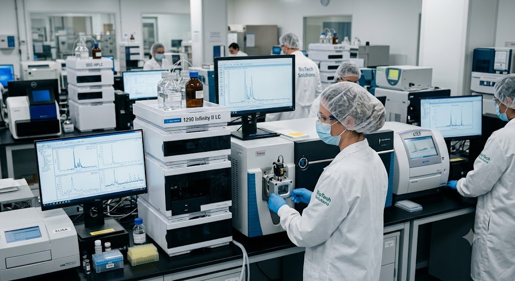 Scientists reviewing CQA analytical data in a CDMO laboratory
